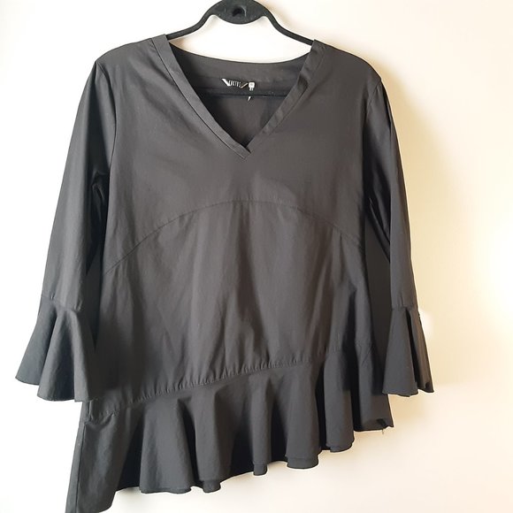 Kaktus Black Cotton Asymmetrical Ruffle V-neck Peplum Blouse - Picture 5 of 14